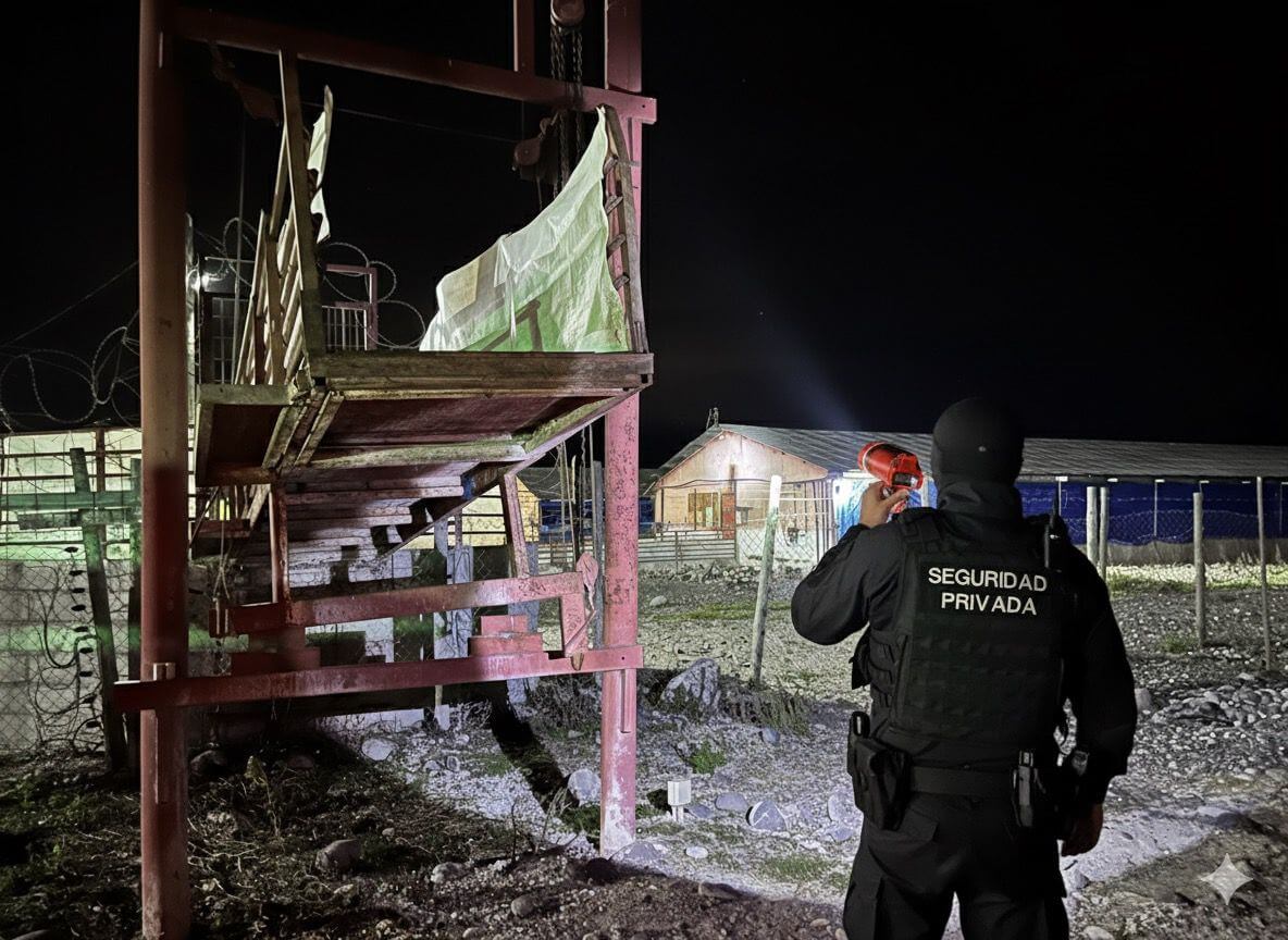 Guardia de seguridad nocturno con linterna en valla de perímetro con concertina - Valcop
