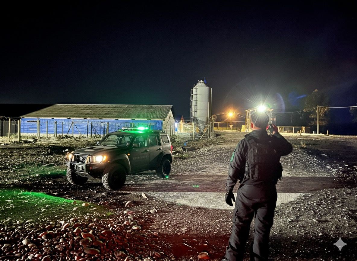 Guardia de seguridad de noche en instalación industrial con granero/silo y vehículo de patrulla - Valcop